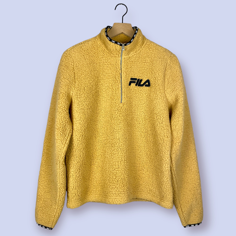 FILA Sz S Shelly Sherpa Quarter Zip Pullover Embroidered Teddy Jacket in Camel